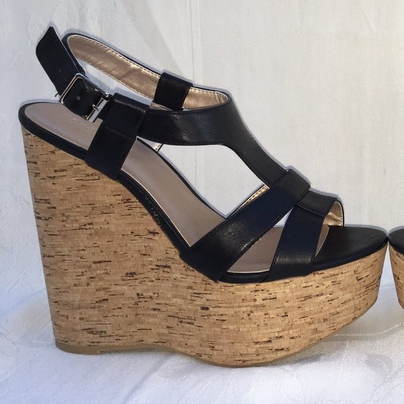 Forever 21 6 inch High Wedge Cork Platform Sandals Black Size 8 NWT - Picture 10 of 14